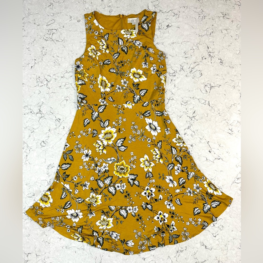 Loft Outlet Size 2 Yellow Mustard Olive Green Floral Dress White Flowers